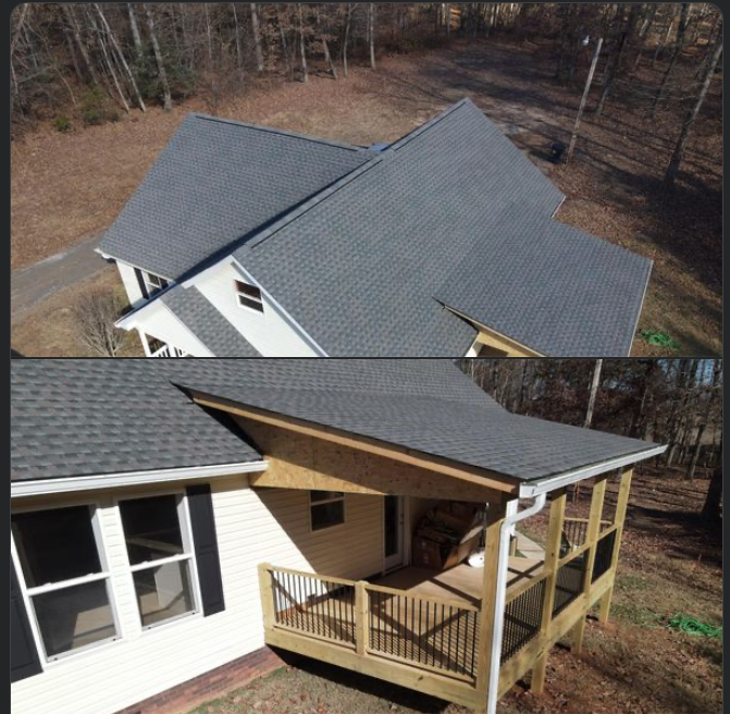 Aerial view of a house roof.